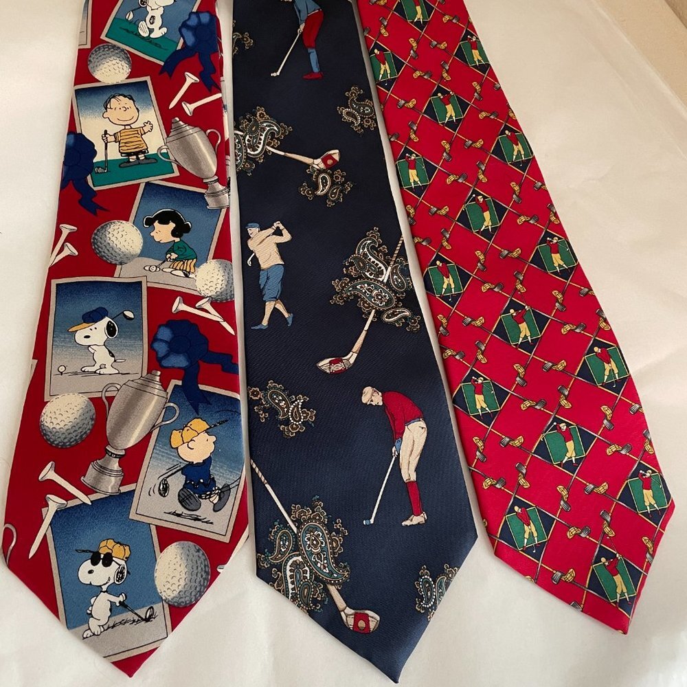(Bundle Of 3) Men's Silk Golf Neckties Gift For Him, Golfer, Tee Time